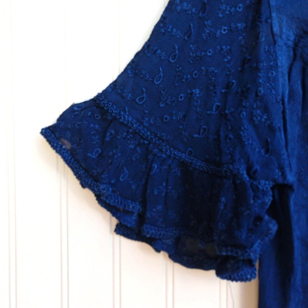 Holy Clothing Rachelle Tunic Top Size XL 1X Blue Ruffle Embroidered Tassels - Picture 2 of 11